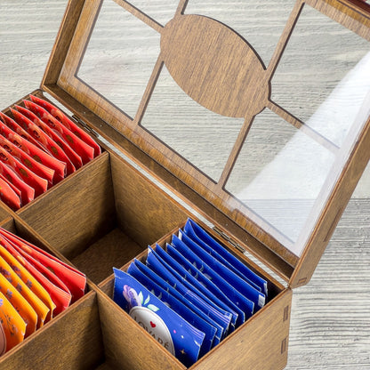 Wooden Tea Box Storage Oranizer Tea Bag Holder with 6 Compartments and Clear Lid