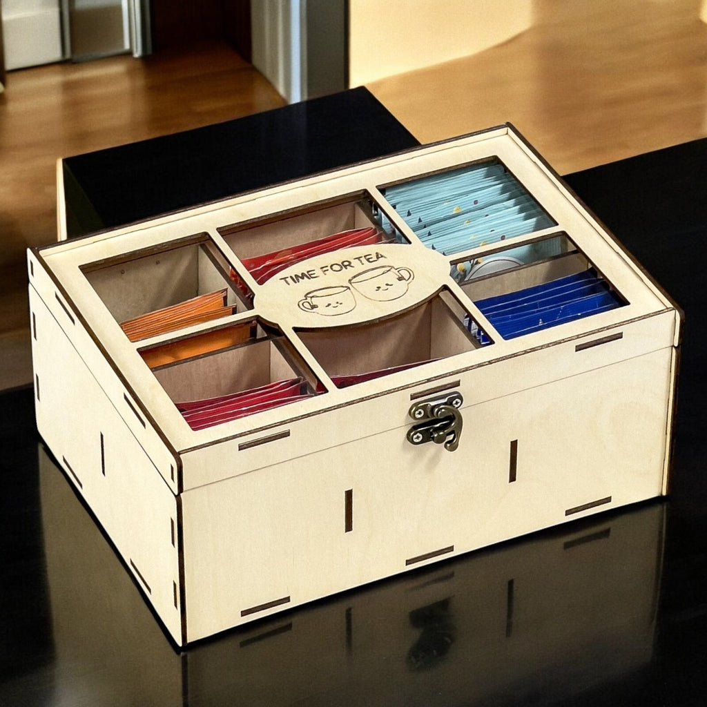 Wooden Tea Box Storage Oranizer Tea Bag Holder with 6 Compartments and Clear Lid