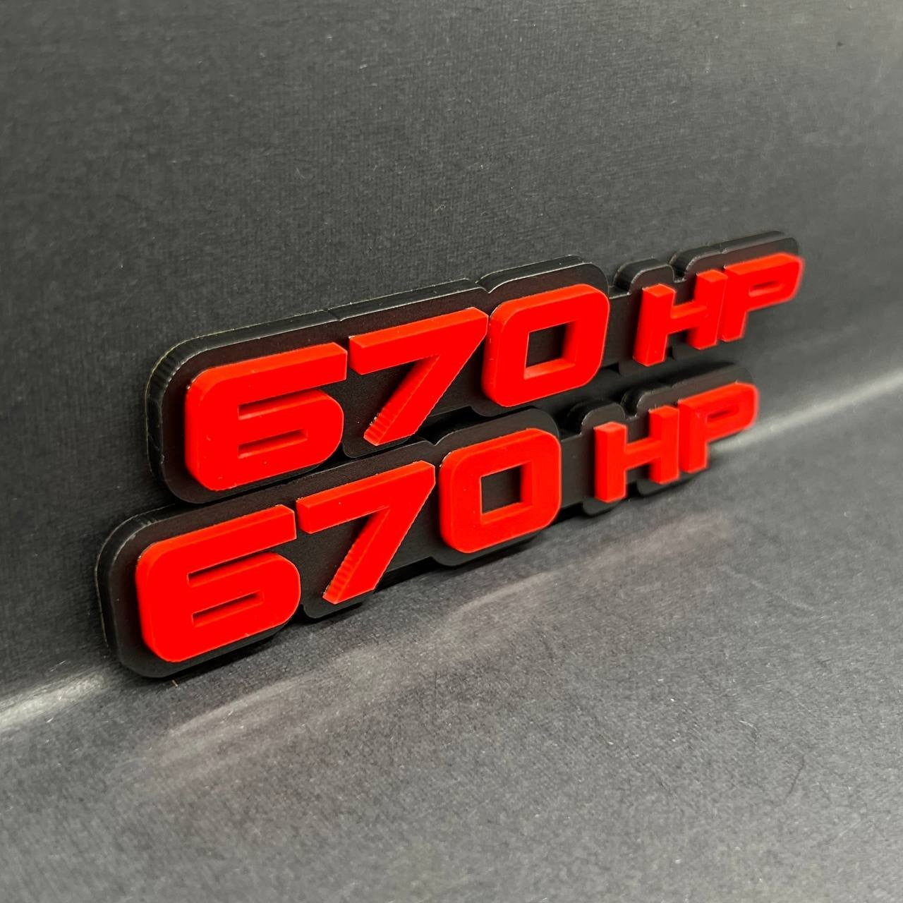 2PCS 670HP Emblems – 3D Acrylic Engine Fender Badges 670HP Pair Decals
