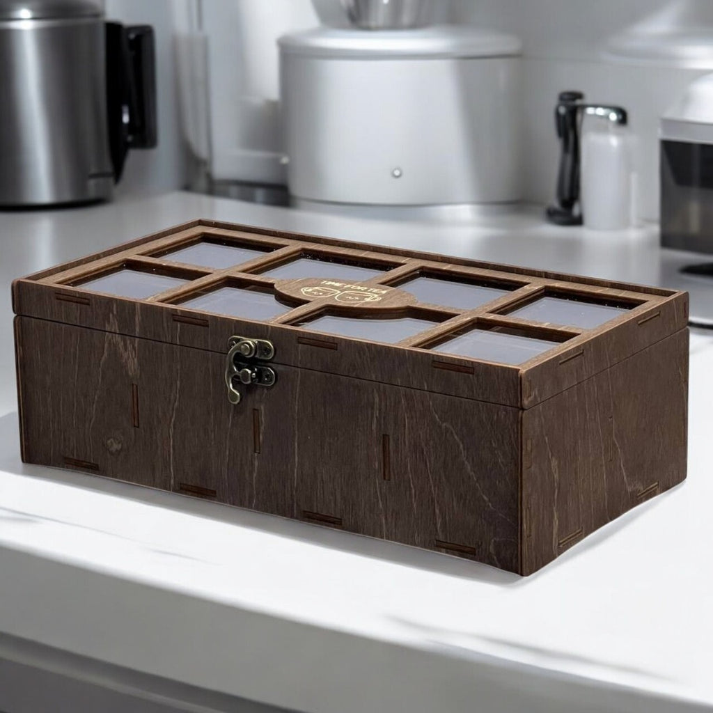 Wooden Tea Box Storage Oranizer Tea Bag Holder with 8 Compartments and Clear Lid