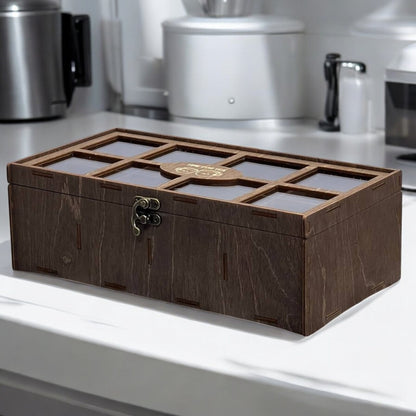 Wooden Tea Box Storage Oranizer Tea Bag Holder with 8 Compartments and Clear Lid