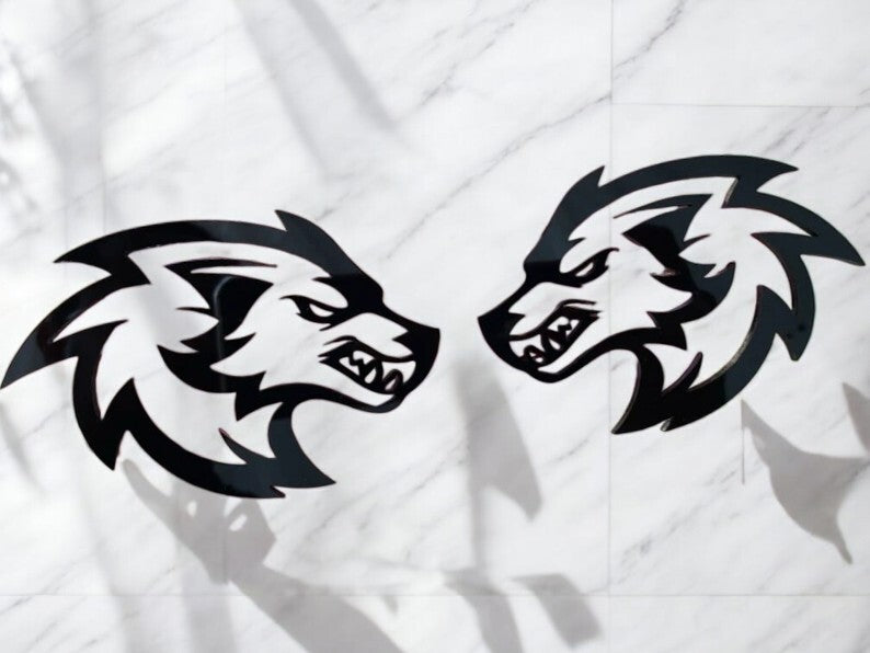 Wolf Badges Emblem Car/Truck, (2) BADGES, Fender Angry Agressive Raging
