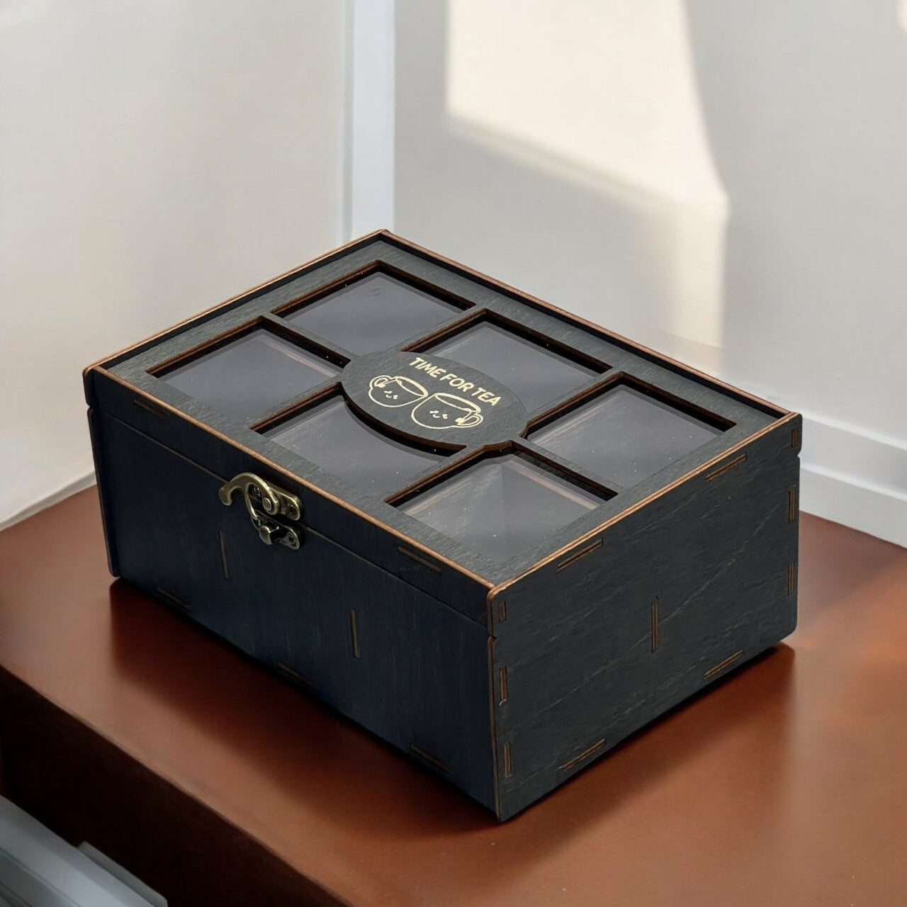 Wooden Tea Box Storage Oranizer Tea Bag Holder with 6 Compartments and Clear Lid