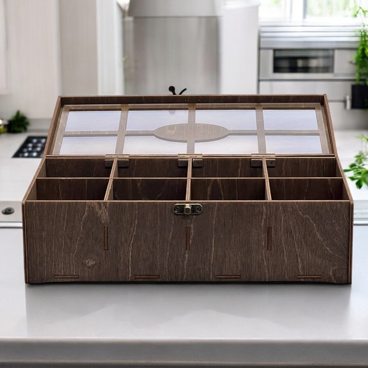 Wooden Tea Box Storage Oranizer Tea Bag Holder with 8 Compartments and Clear Lid