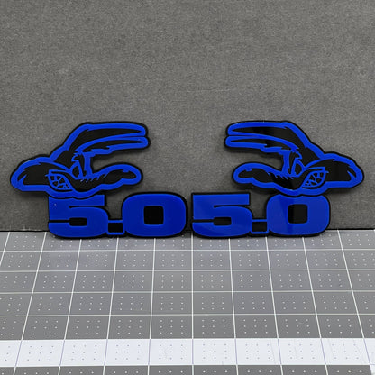 5.0 COYOTE 3D Emblems – Blue on Black Angry Racing Fender Badges (Set of 2)
